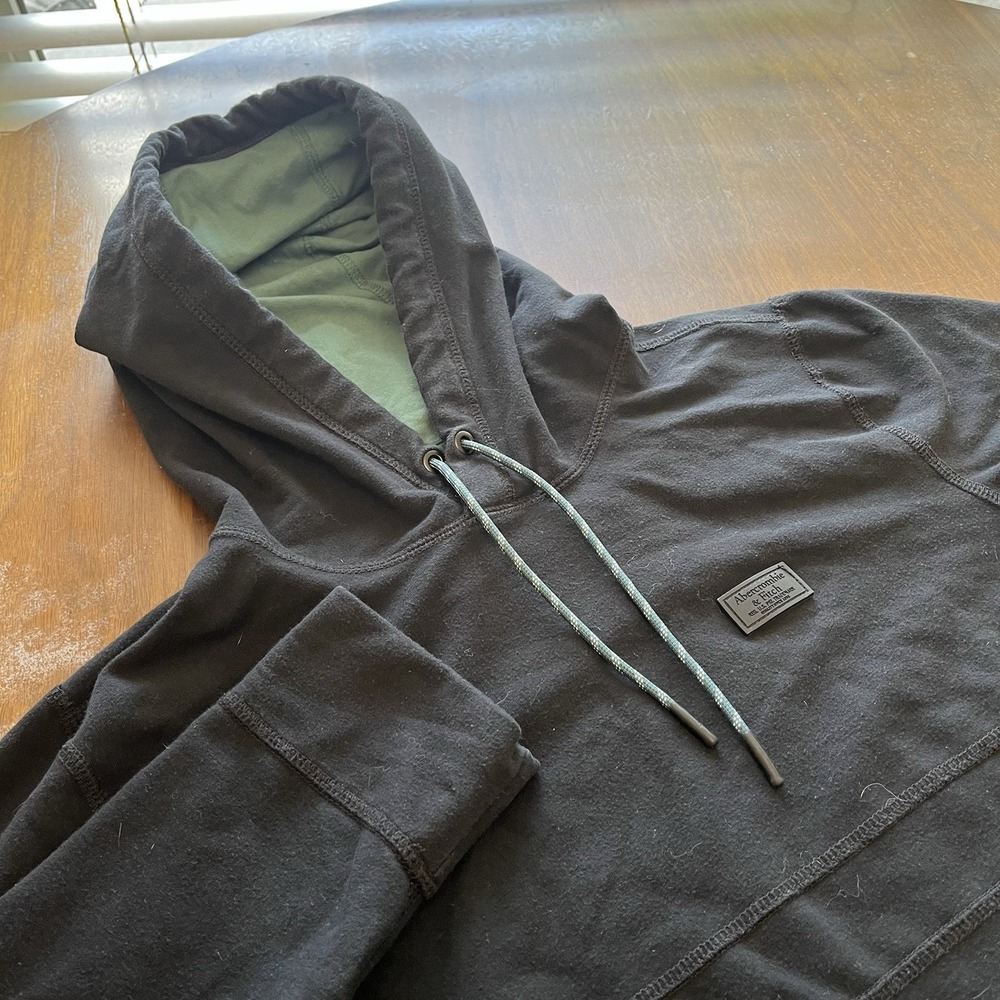 Abercrombie & Fitch Hoodie Mens Medium Black Pullover Zip Pockets Logo Green